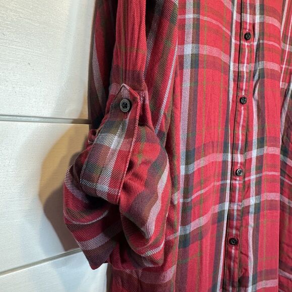 Women's Ralph Lauren Medium Tunic Button Up Top Red Plaid Viscose Flannel Shirt - Picture 5 of 11